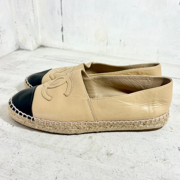 Chanel Lambskin Leather Cap Toe Espadrilles Loafer Flat Beige/Black Women's 37 - Picture 2 of 9